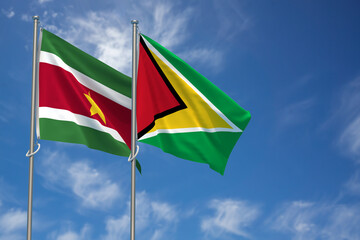 Republic of Suriname and Co-operative Republic of Guyana Flags Over Blue Sky Background. 3D Illustration