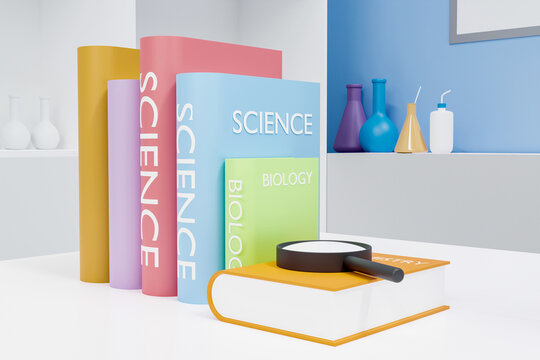 3D illustration concept, minimal textbook of science in the laboratory room interior. Textbook, lab equipment of scientific workspace for research or experiment and to learning science in the school.