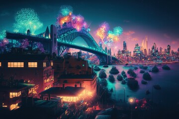 Naklejka premium Sydney fireworks. Generative AI