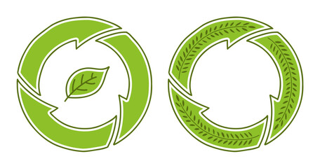 Hand drawn recycle icons, no protruding arrowheads, perfectly round compact design.