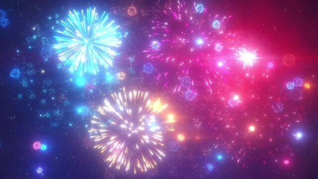 Fireworks Display on a Starry Night Sky Background. Colorful Fireworks Show.