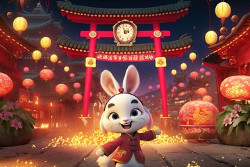 Cute rabbit. Chinese lunar new year. new year celebrating. Cartoon. Generative AI - obrazy, fototapety, plakaty