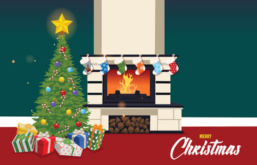 Christmas background in the form of a decorated Christmas tree in the background with a lit fireplace. Gifts lie under the Christmas tree, festive socks hang on the fireplace. Christmas mood