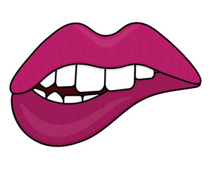 Bite your lip. Pink lipstick on lips. Seductive mouth. Color vector illustration. Cartoon style. Her teeth bit her bottom lip. Sensual bite. Isolated background. Idea for web design, invitations