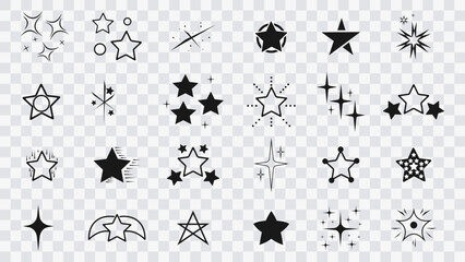 Сollection of original vector stars, icons. Bright firework, decoration twinkle, shiny flash. Star icon set on transparent background. Glowing light effect stars and bursts collection. Vector