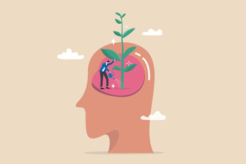 Growth mindset, personal development or improvement, training to believe to success, motivation or coaching, growing attitude concept, man watering on plantation seedling growing from head brain.
