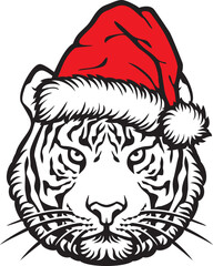 Tiger Head and Santa Claus Hat (Christmas design). Vector Illustration.