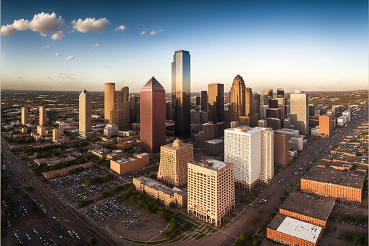 Aerial panorama of downtown Houston skyline as seen from the northeast side of town. New building construction can be seen in the early morning light photo. Generative AI