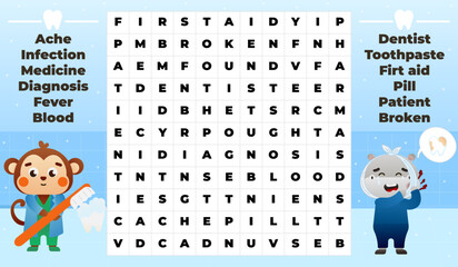 Medical word search game for kids with cute monkey dentist and hippo patient in hospital, funny puzzle for printable worksheets in cartoon style