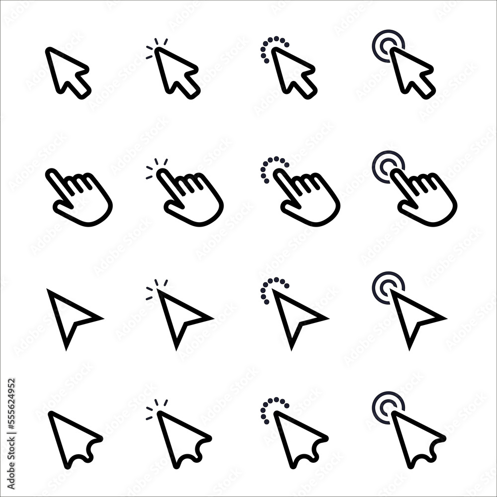 Poster Mouse cursor arrows and hands flat style design vector icon collection