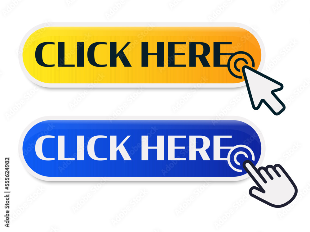 Aufkleber Click Here Button with Click cursor. Set for button website design. Click button. Modern action button with mouse click symbol