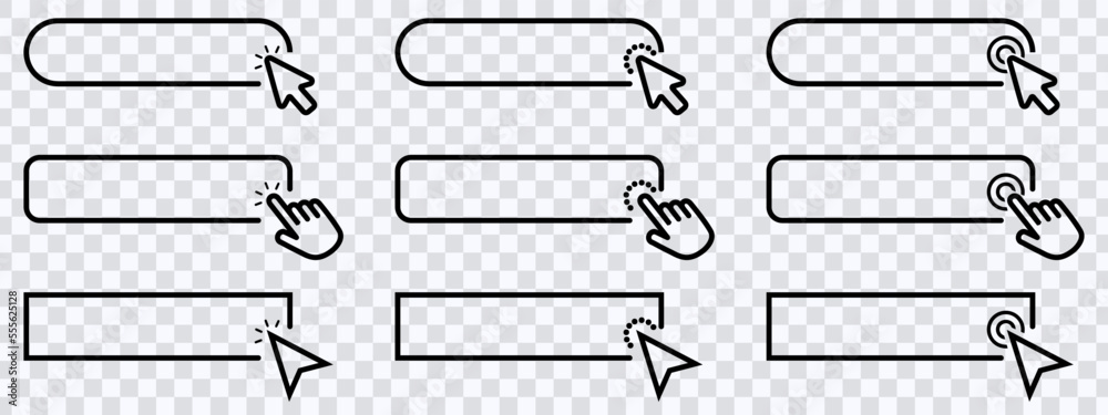 Aufkleber Click cursor set button with hand pointer clicking. Click here web button sign. Isolated website buy or register bar icon with hand finger arrow clicking cursor