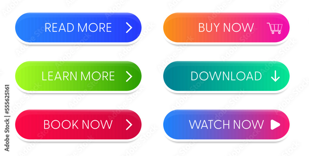 Poster Set of vector modern material style buttons. Different gradient colors and icons on white forms with shadows