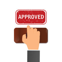 Hand holding rubber stamp. Notary stamping approved word on a paper