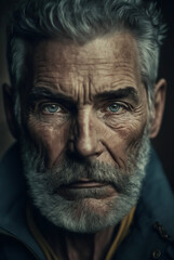 Obraz premium Portrait Mann mit Bart und Falten, ernster Gesichtsausdruck und intensiver Blick in Kamera