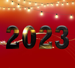 Happy new year celebration in winter season holidays red and golden abstract design sparkle light and design a creative white bright illustration greeting wallpaper and background to fun festive .