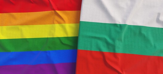 LGBT and Bulgaria flags. Linen flag close-up. Rainbow flag. LGBT community. Bulgarian. Flag made of canvas. 3d illustration.