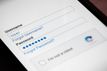 Website page on a smartphone, password text on this page, password field, password signs in the...