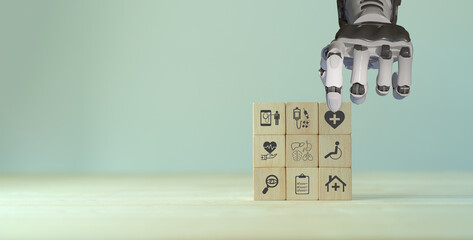 Futuristic AI, Innovation medical healthcare and digital science technology concept. Robot hand ai artificial intelligence assistance for medical healthcare with operation doctor and patient.