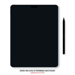 new frameless tablet grey color with black screen and stylus top view on white background. flat lay mockup of realistic devices with shadow front view. vector illustration