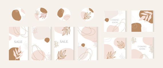 Insta template post and stories. Story templates and highlights covers vector set. Social media background design with floral and hand drawn organic shapes. Abstract minimal trendy style set.