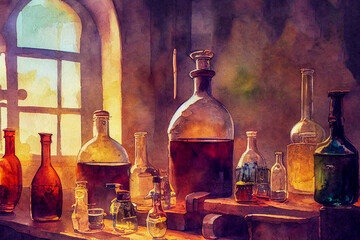 Medieval science laboratory. Fantasy lab with different glassware and solutions, generative ai illustration