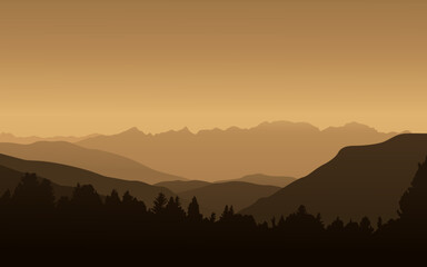 Forest in the mountains. Vector illustration of a mountain landscape in brown. Suitable for wallpapers, stationery, websites, social networks.