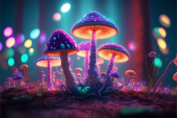 Magical mashroom in fantasy enchanted fairy tale forest with lots of brighness and lighting. - obrazy, fototapety, plakaty