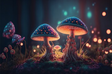 Fototapeta na wymiar Magical mashroom in fantasy enchanted fairy tale forest with lots of brighness and lighting.
