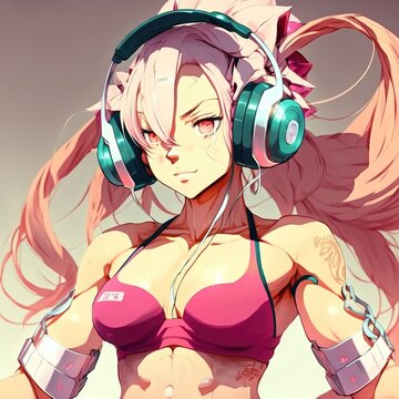 anime girl bodybuilder with headphones on her head.  AI
