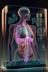 Double exposure MRI of the whole body of a teenage cyborg warrior with a transparent glass body with an inner glow structure. AI