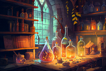 Medieval science laboratory. Fantasy lab with different glassware and solutions, generative ai illustration