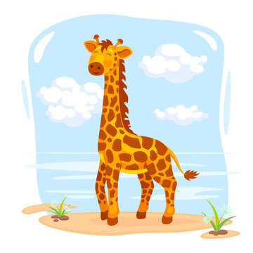 Cute giraffe in nature, cartoon vector illustration. Landscape with a kawaii giraffe that stands on the sand on a sunny day and smiles happily