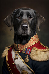 A portrait of a dog wearing historic military uniform. Pet portrait in clothing. Generative ai - obrazy, fototapety, plakaty