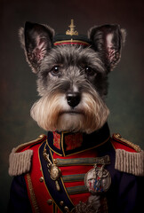 A portrait of a dog wearing historic military uniform. Pet portrait in clothing. Generative ai