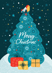 Ornate decorated Christmas tree with gifts in snowy clearing. Winter forest on starry night. Merry Christmas and happy New Year card, banner, poster with greeting text. Colorful vector illustration.