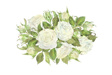 Oval composition of white roses, buds and leaves. Watercolor illustration. Isolated on a white background. For design of sticker, dishes, greeting card, cosmetics packaging, wedding invitation