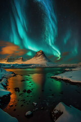 Beautiful northern lights landscape. Aurora borealis above mountains reflected in the sea. AI	