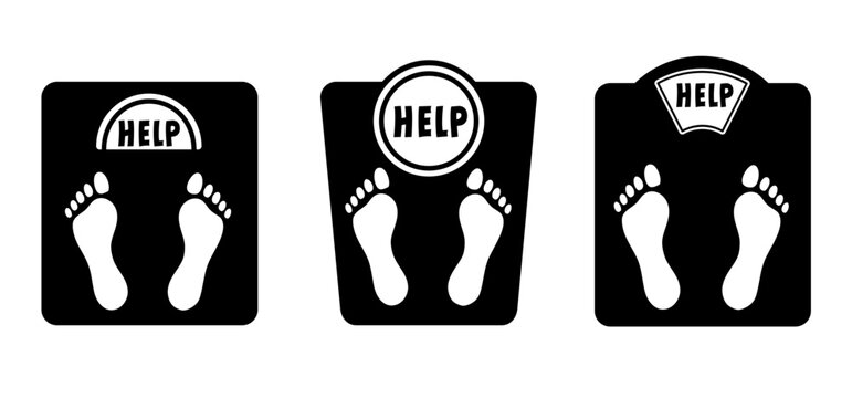 Help, calories.. Diet scale or weighing scale. Balance concept. Vector fitness sport pictogram. Bathroom weight scale icon. World diabetes day. People on unhealthy with overweight. obesity.