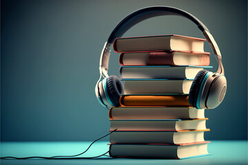 headphones with stack of books on blue background, Generated AI