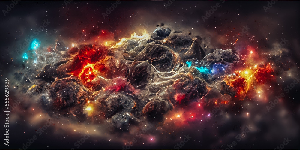 Poster beautiful abstract multi colored background with space visualization of fractal waves