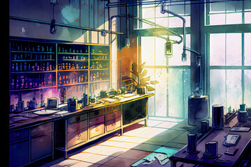 Futuristic scientific laboratory, biology and chemistry research lab, experiment and study room, generative ai illustration