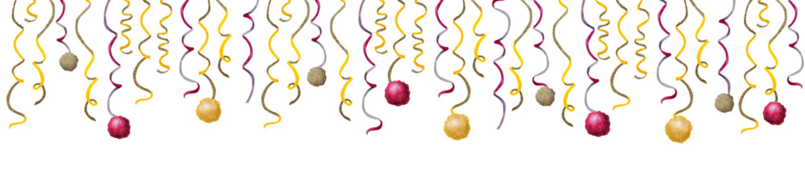 Confetti ribbons garland with pompons horizontal banner for birthday, Purim celebration designs. Watercolor illustration