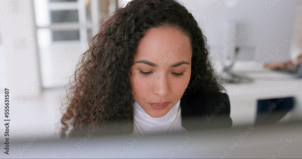 Poster search, computer and face of business woman in office for web design, analytics and planning. digita