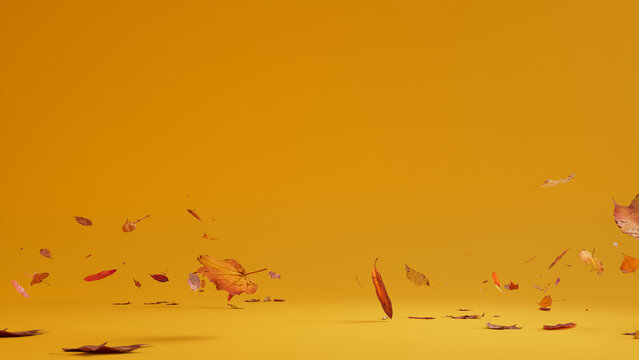 Mustard Yellow Holiday Background With Falling Autumn Leaves. Natural Banner With Copy-space.