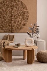 Aesthetic composition of living room interior with mock up poster,  modular beige sofa, round...