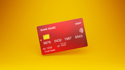 Realistic DEBIT card on yellow background, Red DEBIT card with chip, Payment or DEBIT card, online payments, transaction, global business, finances, mobile payment, Business concept, 3D render