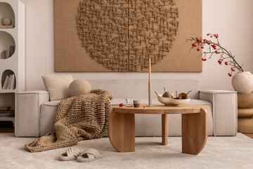Interior design of japandi living room with mock up poster frame, modular beige sofa, vase with rowan, round wooden coffee table, braided brown plaid and personal accessories. Home decor. Template.