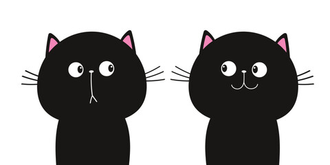 Black cat face head silhouette icon set. Pet collection. Funny kawaii sad smiling doodle animal. Cute cartoon character. Pink blush cheeks. Flat design. Baby background.