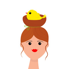 Portrait of woman. Bun hairstyle. Bird nest red hair. Young girl face. Beautiful lady, female. Front view. Avatar for social networks. Red lips. Flat design. White background.